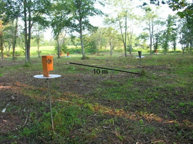 Nestbox placement for the experimental manipulation of male attractiveness. Attractive males are given four nestboxes, the original central box and three boxes placed 10 m north, east, and west of the central box. All entrances face east. See
DeMory et al. 2010. Behavioral Ecology 21: 1156-1164.

Grana et al. 2012. Behavioral Ecology and Sociobiology 66: 1247-1258.
